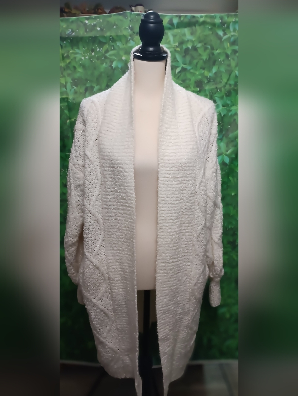 Yarnworks Cozy Open-Front Cream Knit Cardigan Sweater Medium